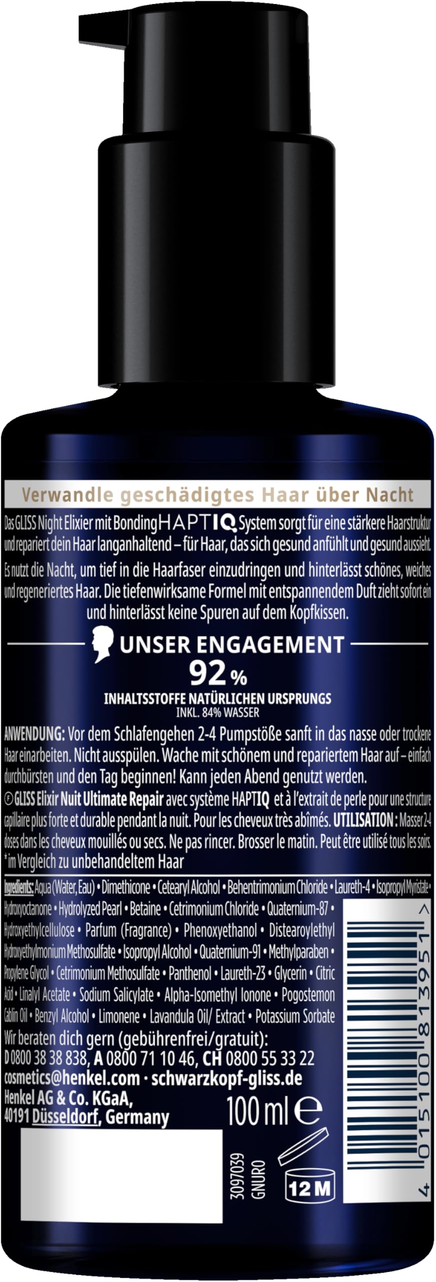 Gliss Night Elixier Ultimate Repair (100 ml), serum do włosów regeneruje uszkodzone włosy podczas snu, pielęgnacja włosów pozostawia miękkie i regenerowane włosy na noc