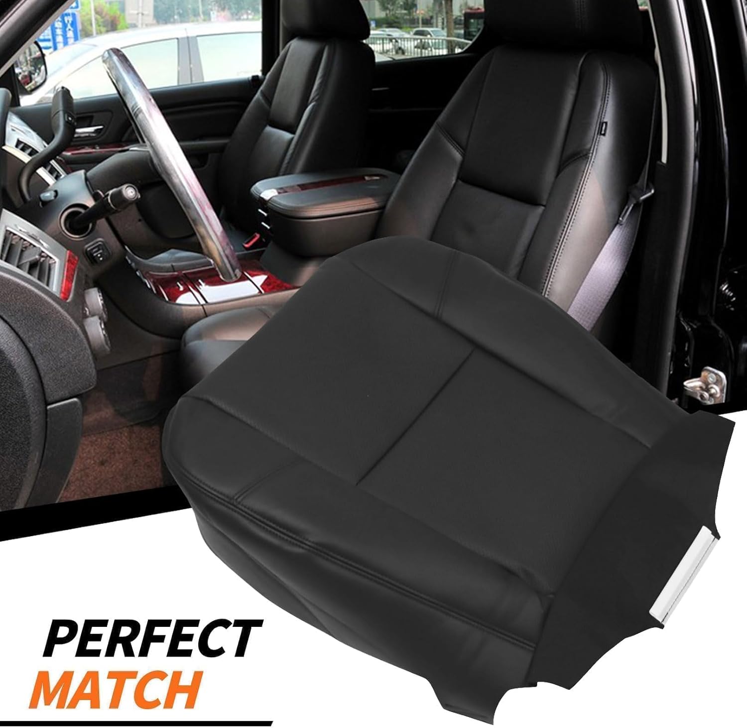 Black Driver & Passenger Bottom & Top Seat Cover Compatible with 2007-2014 Escalade Tahoe Suburban Avalanche Silverado Yukon Sierra Leather Seat Covers 4Pcs