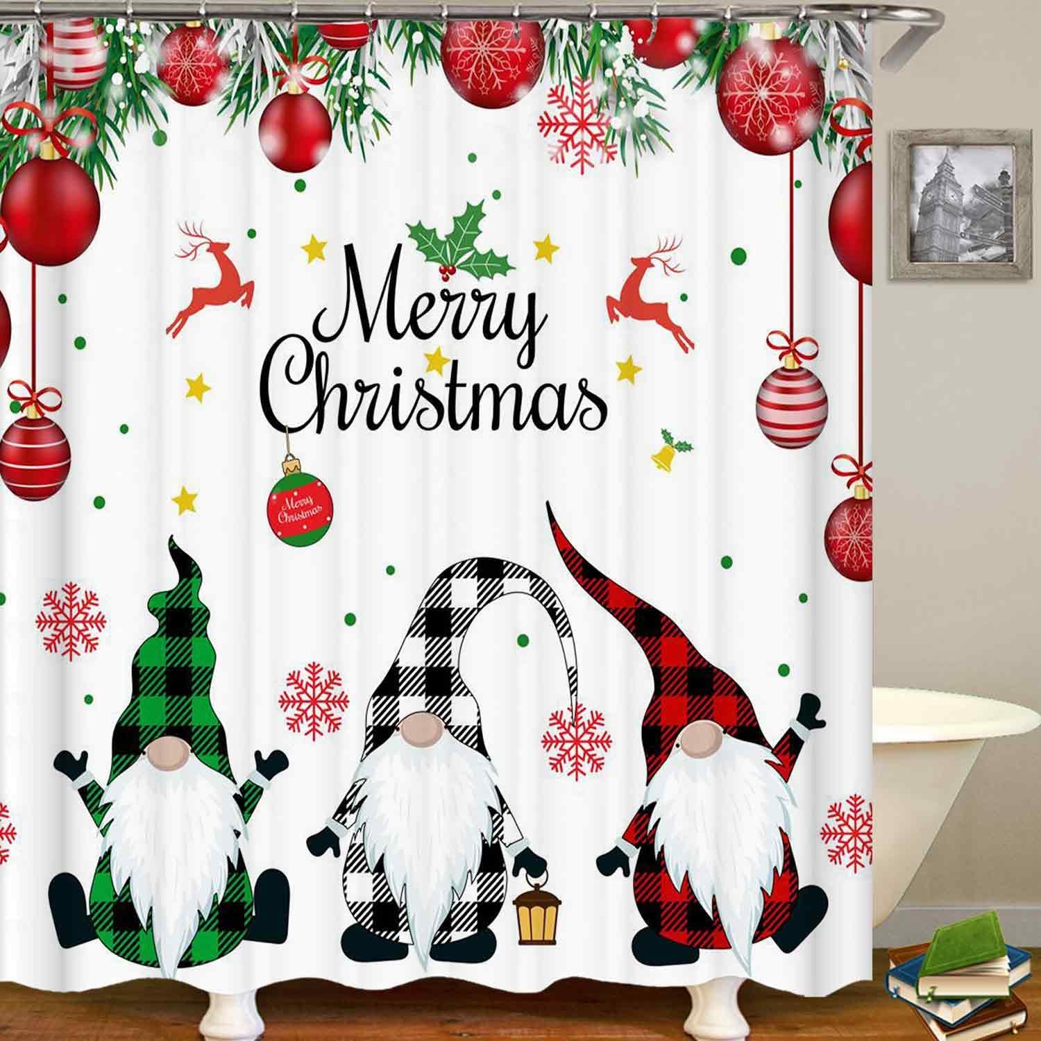 4PCS Funny Gnomes Christmas Shower Curtain Sets with Rugs, Waterproof White Fabric Shower Curtain, Christmas Tree Red Xmas Ball Winter Snowflake Reindeer Holly Holiday New Year Bathroom Decor