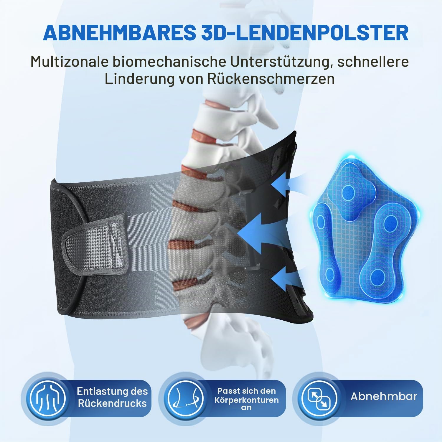 Fitomo Rückenstützgürtel, Rückenbandage mit 3D Lendenpolster aus Carbonfaser, Lendenwirbelstütze für unteren Rücken, Atmungsaktive Rückengurt für Arbeit & Sports, XL