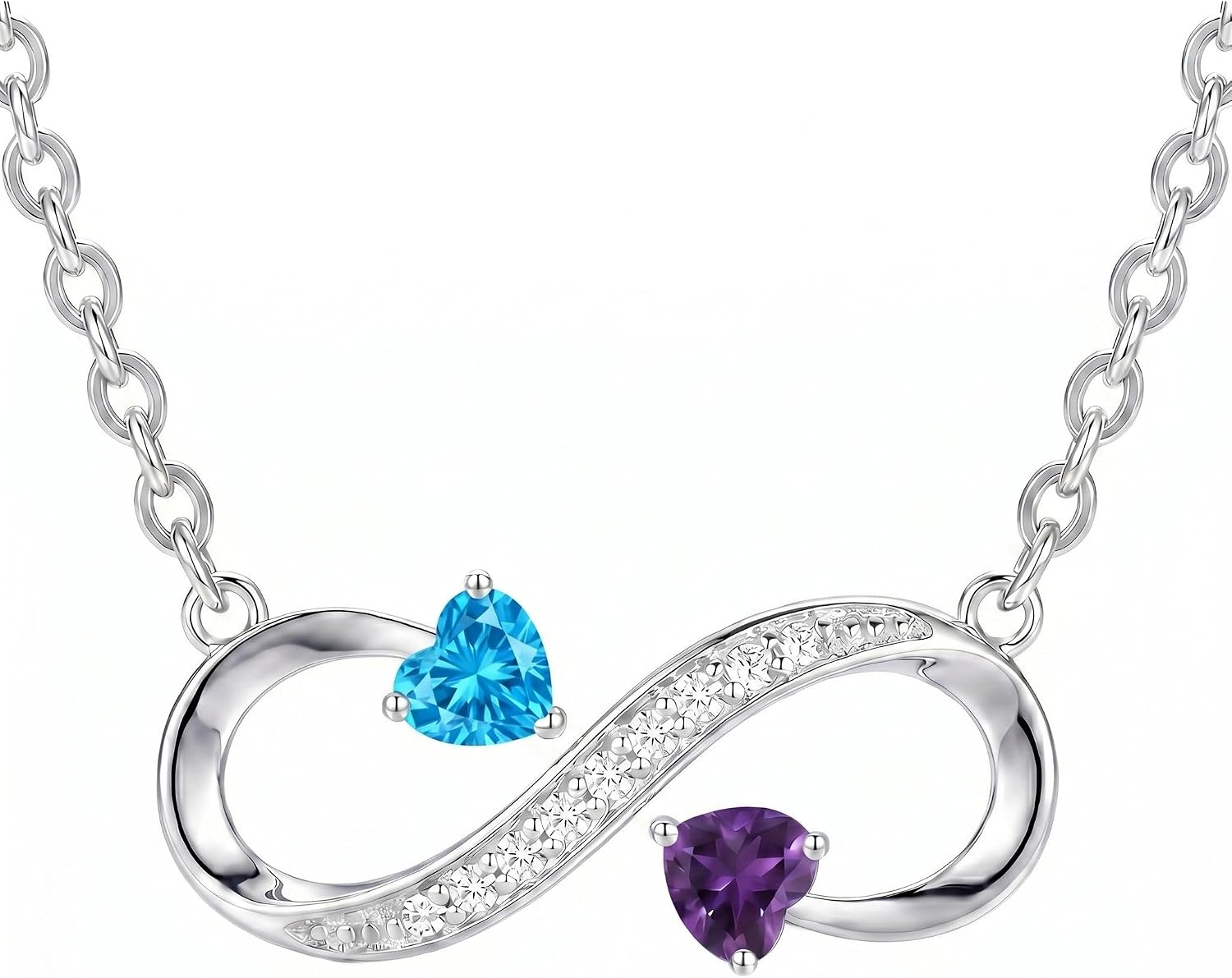 Two Birthstone Heart Infinity Necklace for Women 18K White Gold Plated Pendant Necklace Heart Shaped Infinity Jewelry with Birthstones Adjustable from 18 to 20 Inch Chain Birthday Mothers Day Gift