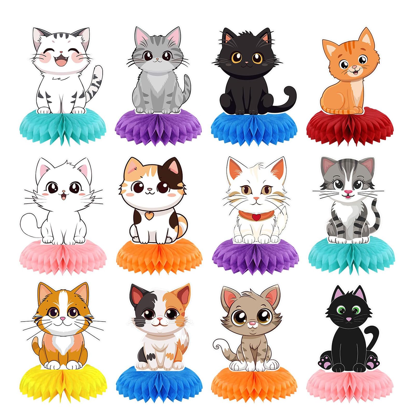 Bubaxuce 12 Pieces Cat Birthday Party Decoration Honeycomb Table Centerpieces Kitten Table Ornaments Feline Table Decor 3D Double-Sided Kitten Adornments