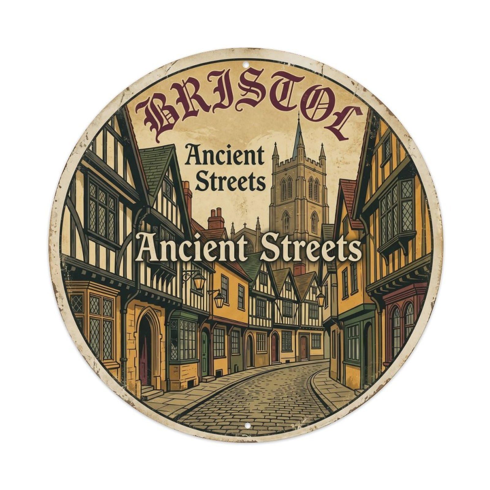 Vintage Travel Bristol Historic Quarter Artwork Metal Tin Sign Plaque Wall Decor for Cafe, Club, Garden Round Metal Poster 8x8Inch