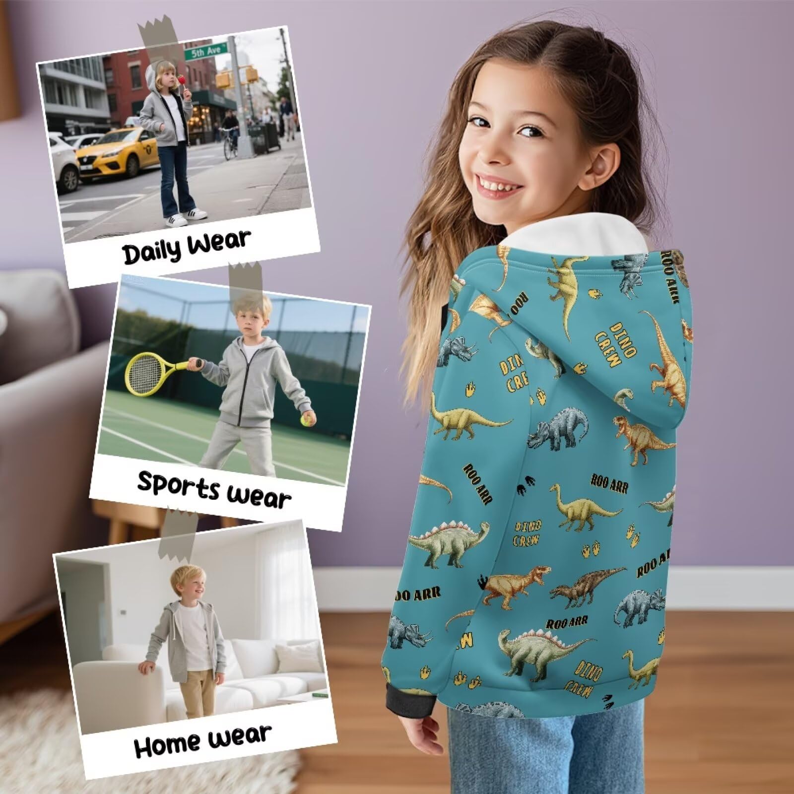 Xoenoiee Dziecięce bluzy z kapturem dla chłopców, zapinana na zamek, bluza 3D, fajna grafika zwierzęca, sweter z długim rękawem, top na jesień i zimę, Niebiesko-zielony dinozaur, 12-14 Years