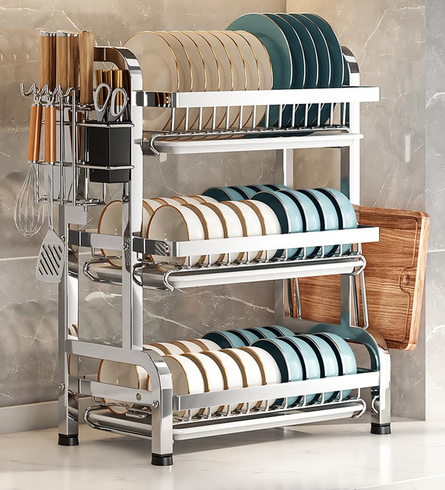 TIANQIHAO 3-Tier Stainless Steel Dish Drying Rack, Large Over The Sink Drainer, Multifunctional Kitchen Nizer, Silver,Silver-53x23.5x59.8cm