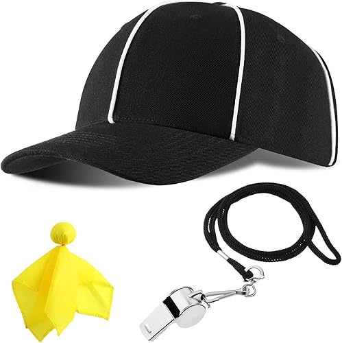 Miniatura 1 de Gorra de fútbol ajustable negra con rayas blancas, sombrero de árbitro oficial y silbato de acero inoxidable con cordón para árbitros de fútbol,