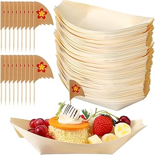 Nuogo 50 Pack 8 Inch Disposable Bamboo Boat Plates with Wood Sailing Flag Cake Topper Wooden Charcuterie Trays Serving Plates for Birthday Party Decorations Tropical Hawaiian Favor Supplies(Flowers)