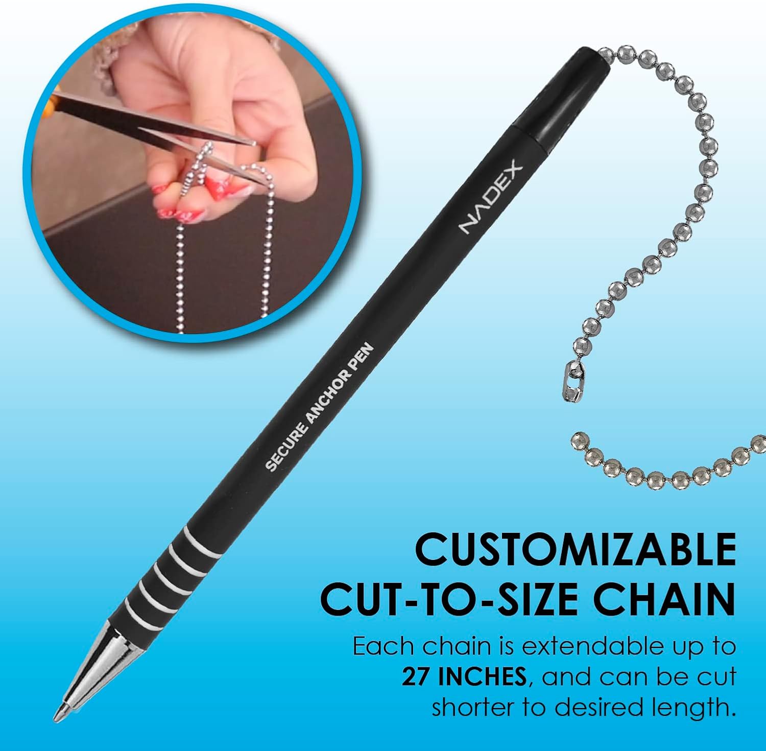 Nadex Pen with Security Chain And Base Mount | Set of 12 Pens, 12 Adhesive Mounts, and 12 Refills (Black)