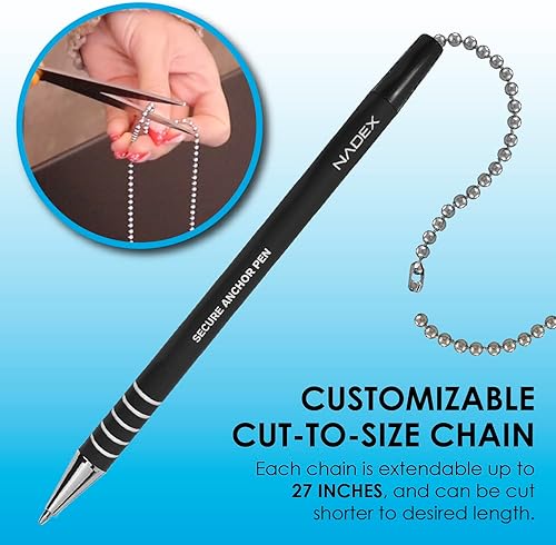 Vista 14 de Nadex Juego de bolígrafos de seguridad de bola y cadena, 1 bolígrafo, 1 soporte adhesivo y 5 recambios (azul)