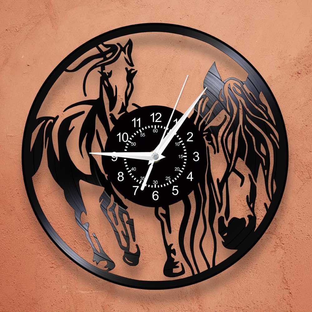 12 Inch Black Horse Wall Clock, Wildlife Animal Horse Vinyl Record Wall Clock Vintage Decorative Wall Watch Clock Silent Movement Battery Operated for Horse Lovers Man Cave Bedroom Farmhouse