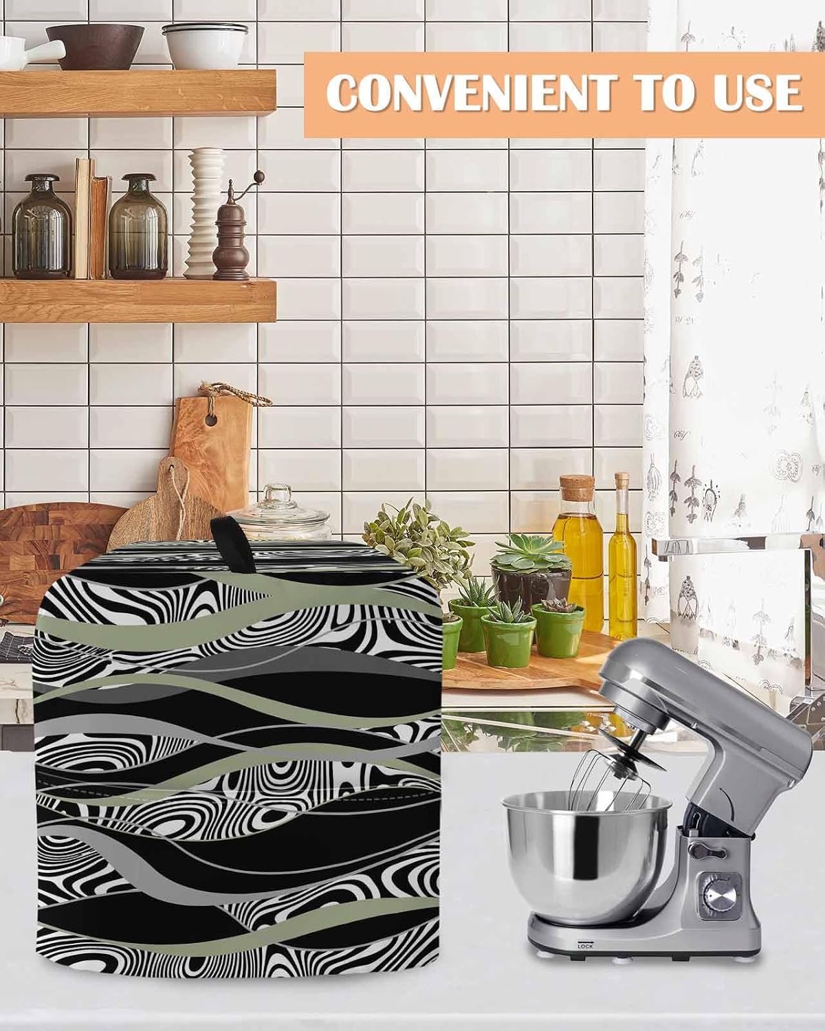 Sage Green Black Stripes Stand Mixer Cover with Storage Pocket, Waterproof Kitchen Mixer Covers, Grey Abstract Gradient Striped Kitchen Appliance Dust Cover Compatible with 6-9 Quart Mixers