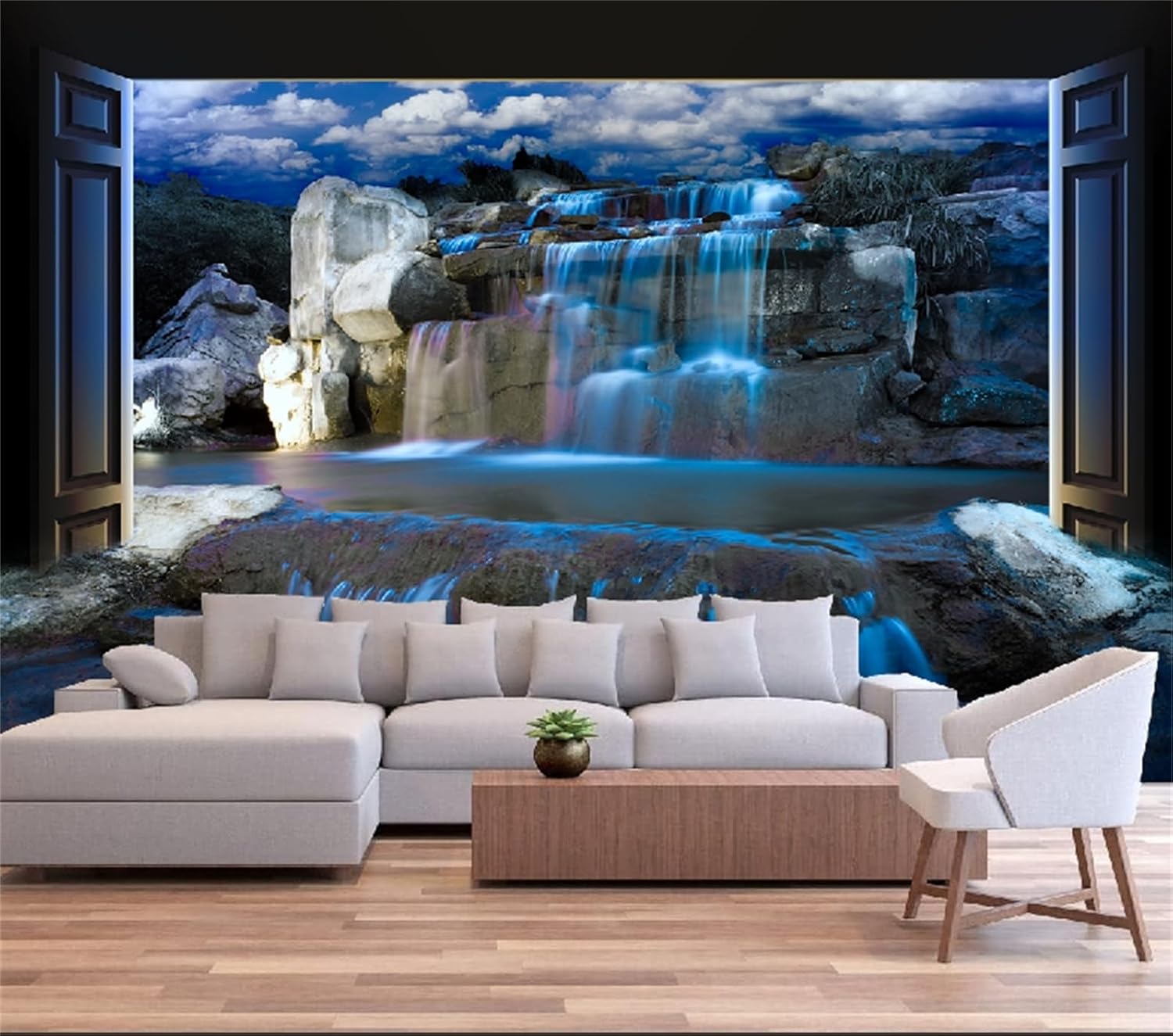 FLFK Open Door Waterfall Peel and Stick Wall Murals 141.7"x98.4"-Self-Adhesive Wallpaper Large Poster Painting for Bedroom Office Decor