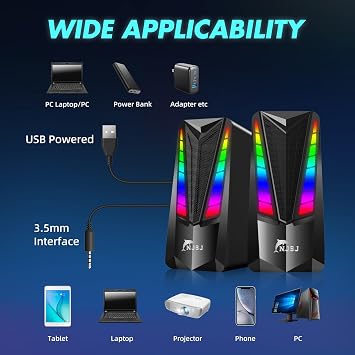 NJSJ Computer Speakers, PC Speakers for Gaming with 7 Dynamic RGB Modes, Volume Control, 2.0 USB-Powered & 3.5mm Aux-in Stereo Multimedia Speakers for Desktop, Laptops, Monitor, Projectors (Black)