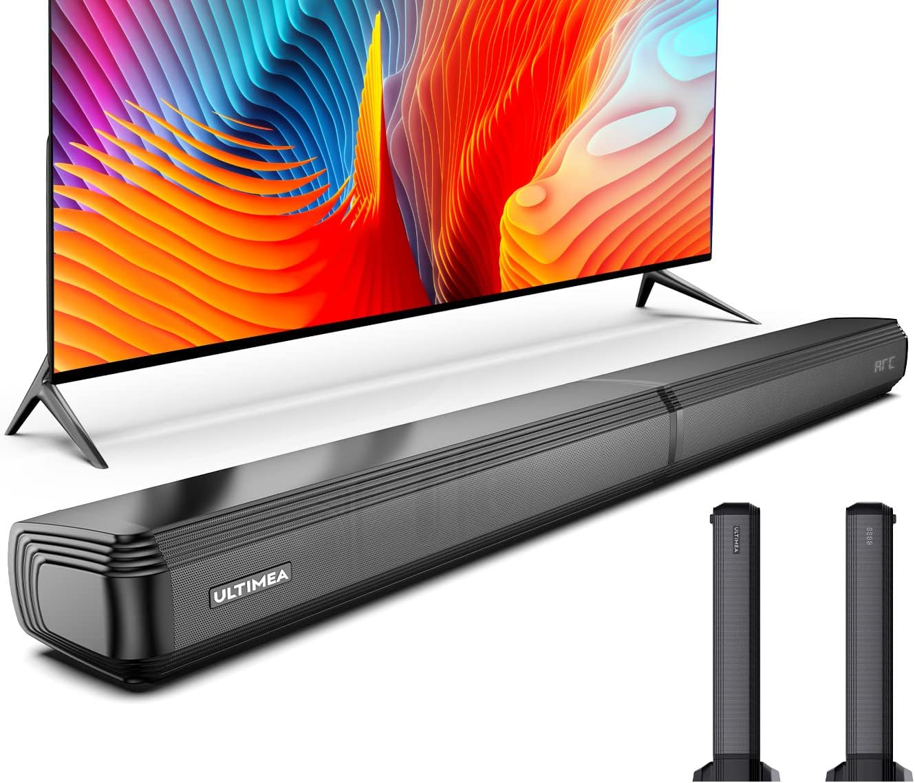 ULTIMEA Apollo S40 Soundbar in full length, positioned in front of a large television screen.