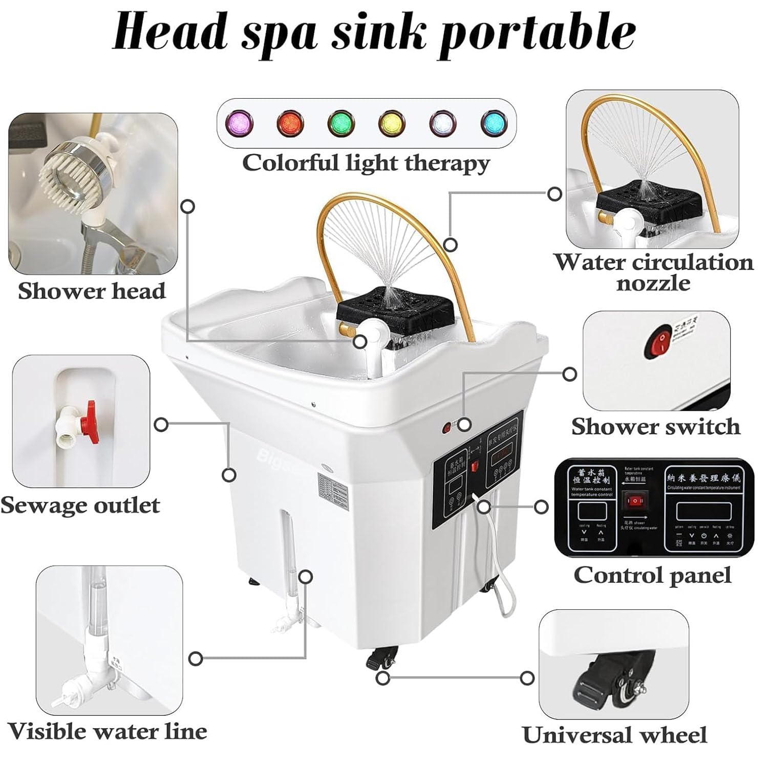 Head Spa, Japanese Head Spa Equipment, umywalka do włosów dla osób chorych na łóżko ze zbiornikiem na wodę o pojemności 60 l, przenośna umywalka, łącznie z gaznikiem parowym i maską parową, do spa i