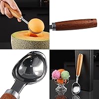 Vista 3 de Cuchara de helado de acero inoxidable con mango de madera, cuchara de hielo de metal para congelador, cuchara de galletas de café, accesorios
