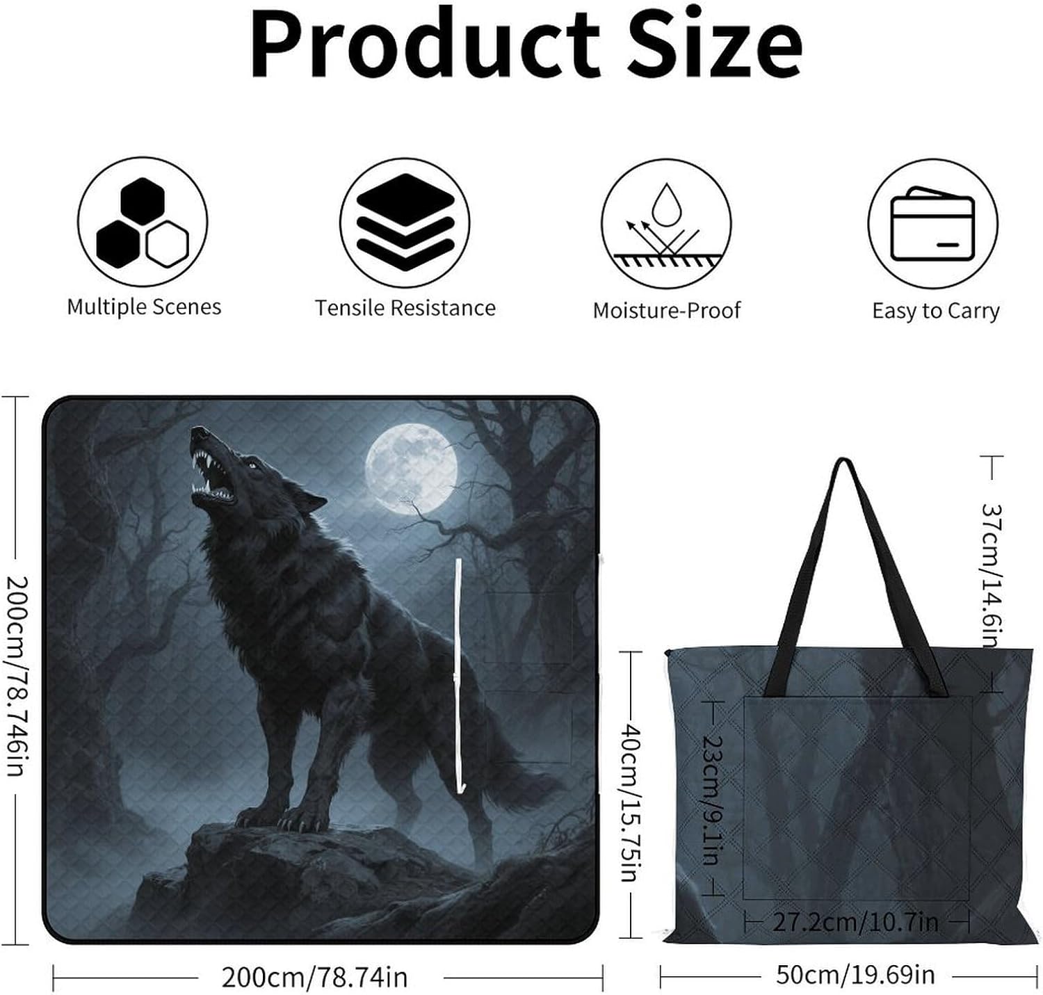 Ferocious Howling Wolf Picnic Blanket 200x200cm, Foldable 2-in-1 Picnic Mat and Tote Bag Portable Waterproof Beach Mat Sandproof Outdoor Blanket for Park, Hiking, Beach, Camping, Travel