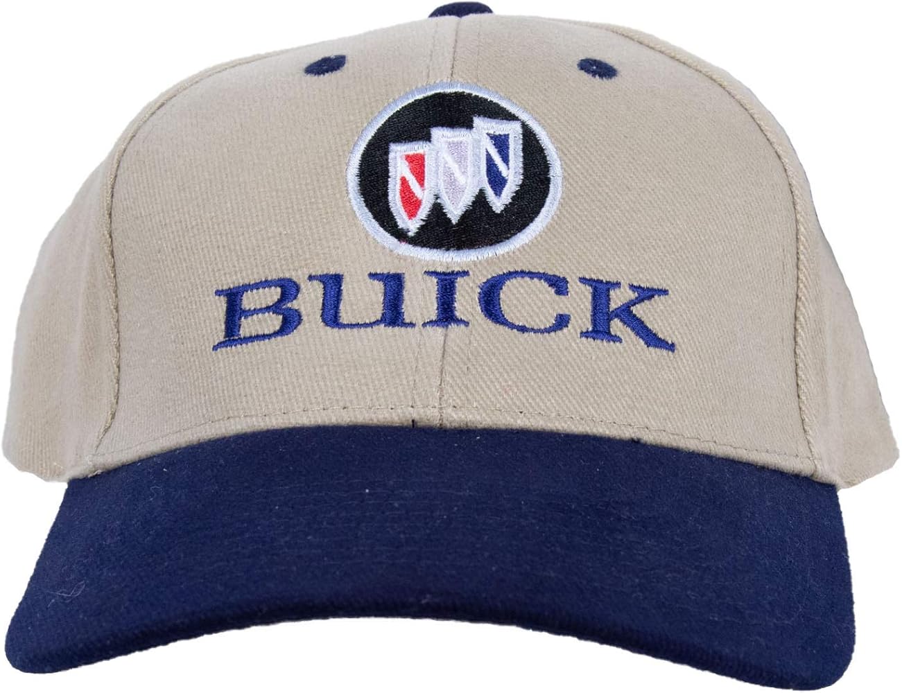 Buick Tri Shield Logo Hat Two Tone Embroidered Cap, Khaki/Blue at