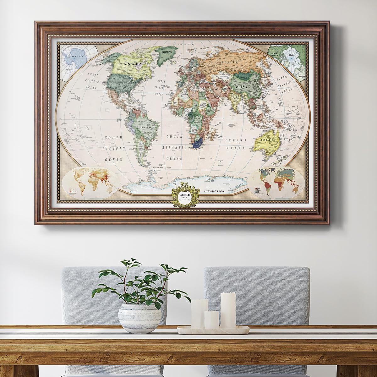 Renditions Gallery Colorful World Map Canvas Wall Art with Caramel Frame Wall Hanging Travel Map with Push Pins for Home, Office, Classroom