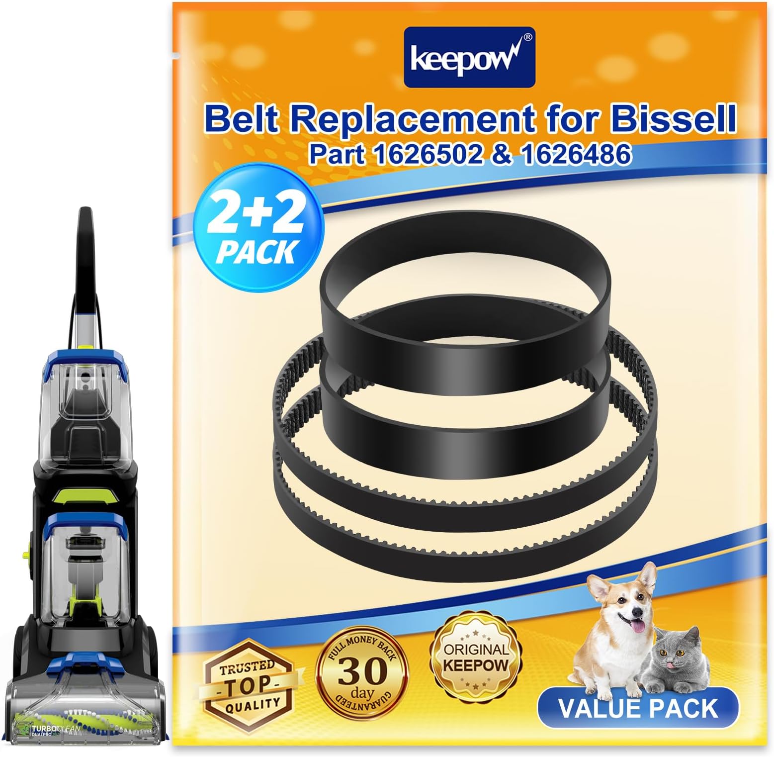 KEEPOW Replacement Belts Set for Bissell 3071 PowerForce PowerBrush Pet XL and TurboClean DualPro Pet 3072, 3067, 30673, 3109 Carpet Cleaner, Parts 1626502 & 1626486 (2+2 Pack)