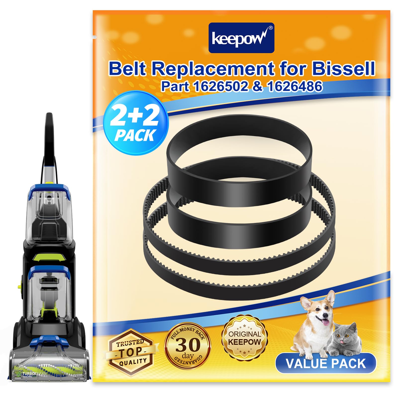 KEEPOW Replacement Belts Set for Bissell 3071 PowerForce PowerBrush Pet XL and TurboClean DualPro Pet 3072, 3067, 30673, 3109 Carpet Cleaner, Parts 1626502 & 1626486 (2+2 Pack)