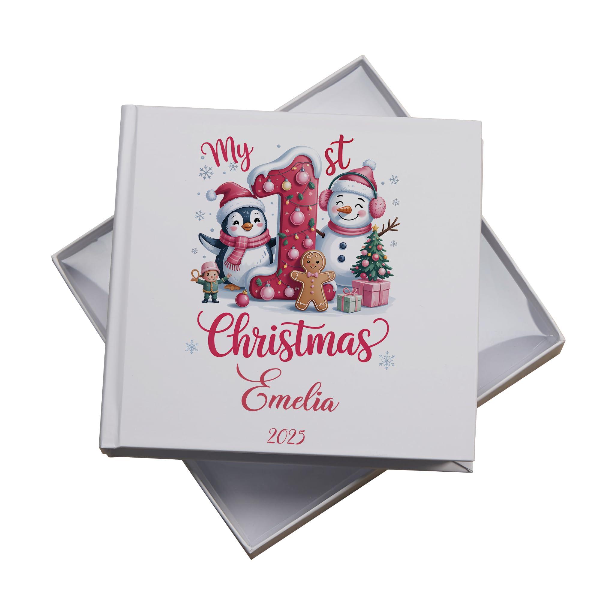 Personalised First Christmas Baby Photo Album, 18.5 x 19.5 cm, Gift Boxed, 50 Photo Capacity, Customisable Name and Year (Baby Girl With Penguin) ALBP-44-2