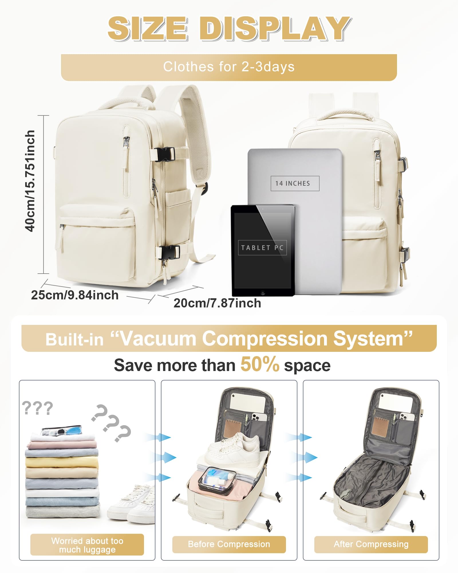 BJLFS Zaino da Viaggio con Sottovuoto 40x30x20 Bagaglio a mano 40x20x25 Ryanair con Pompa Borse da Cabina per Easyjet 45x36x20 con compressione sottovuoto,Zaino Casual per laptop da 14 pollici