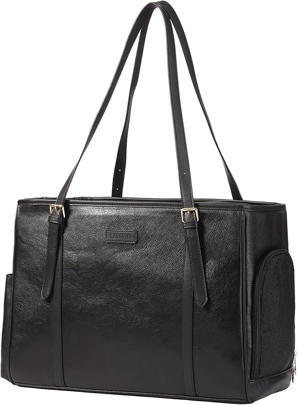 Bolsa de Transporte para Cães e Gatos Pequenos em Couro Vegano Lasaviin Preta – 40,64 x 17,78 x 29,21 cm