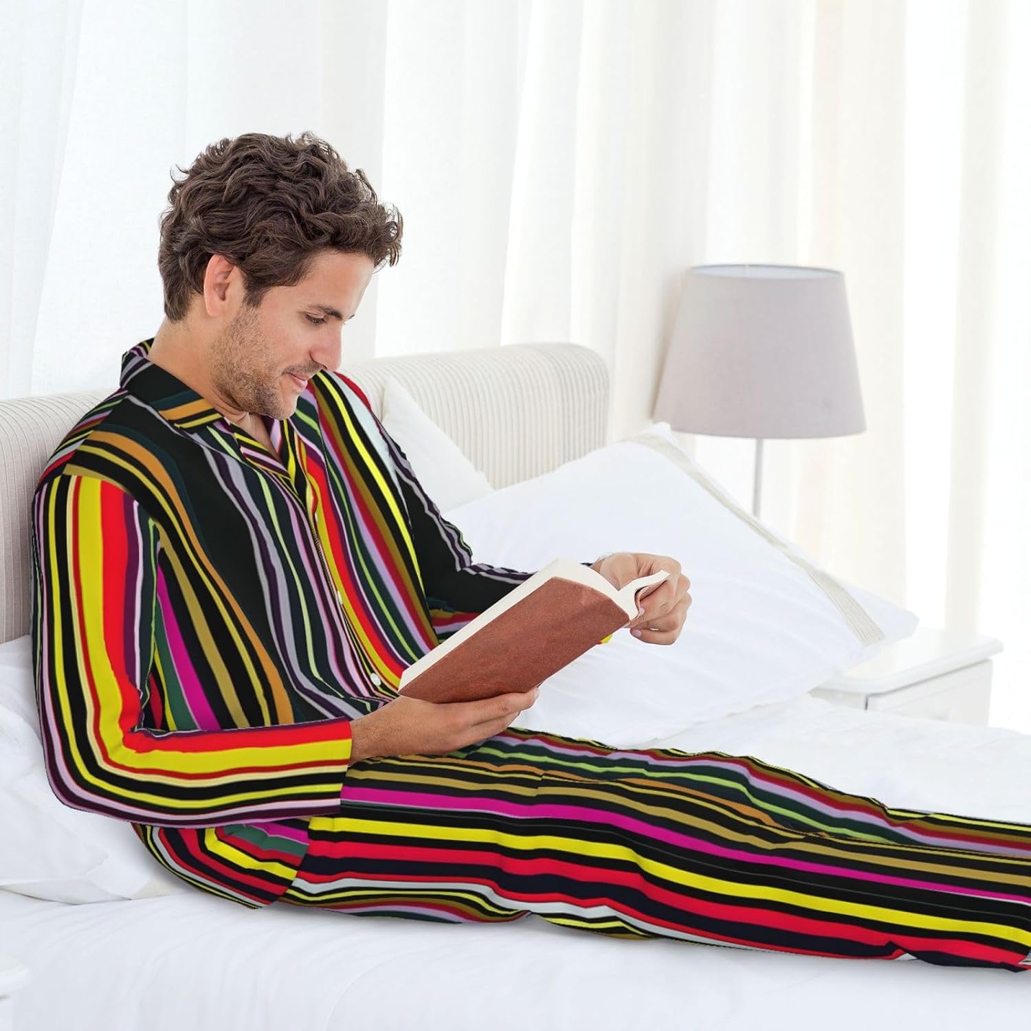 Colored Stripes Vertical Print Luxurious Mens Pajamas Set,Breathable Pajamas Set,Perfect For Lounging Bed,Sofa