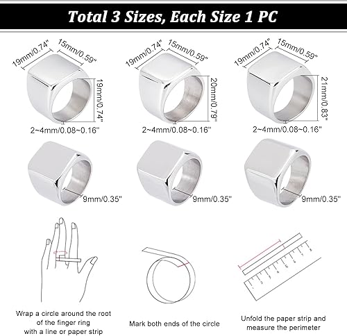 Miniatura 3 de UNICRAFTALE 3 anillos de sello con texto fotográfico grabado, 19200.827 in, acero inoxidable, rectángulo, anillos de dedo anchos en blanco para