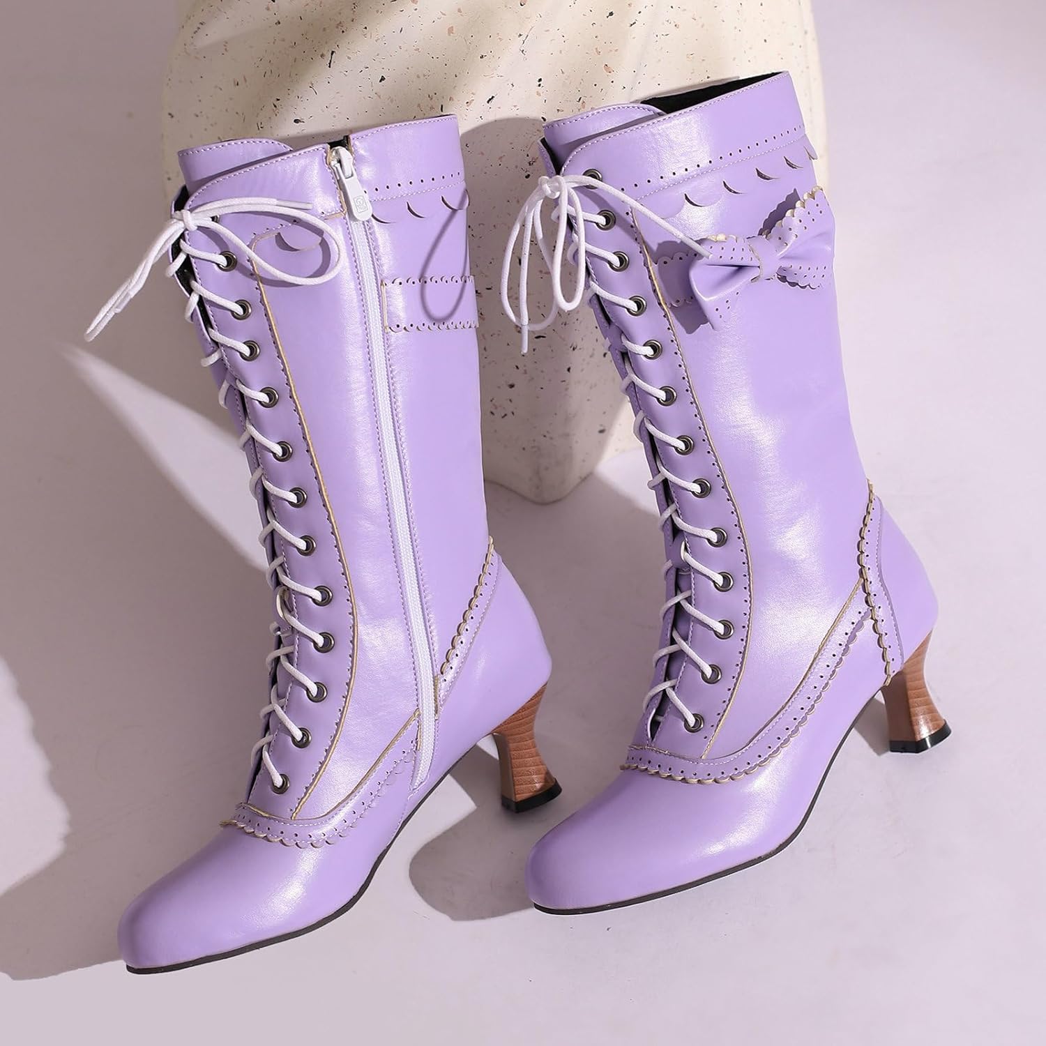 LUXMAX Women Gothic Victorian Boots Low Kitten Heel Mid Calf Boots Lace Up Cute Bow Boots for Ladies Witch Shoes