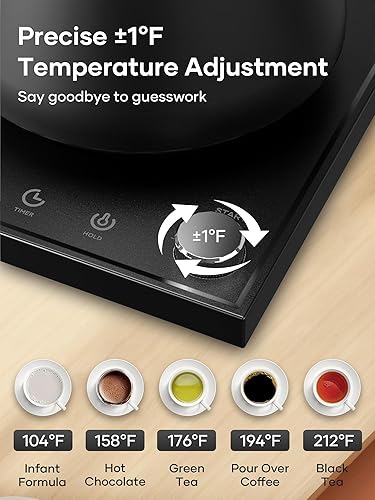 Miniatura 3 de Hervidor eléctrico de cuello de cisne, control exacto de temperatura y modo de retención, café y té de vertido rápido, acero inoxidable 304 premium,