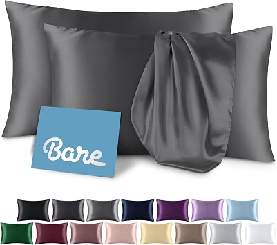 Bare Home Satin Pillowcases for Hair and Skin - 2 Pack Standard 20x26 - Luxury Pillowcases - Envelope Enclosure - Soft and Smooth Satin - Breathable - Similar to Silk Grey, 2 Pack