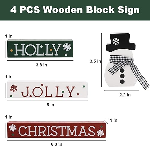 Miniatura 3 de Decoraciones de Navidad, 4 letreros de madera en bloques, clásicos, rojo, blanco, verde, adornos de Navidad para el hogar, estantes, repisas,
