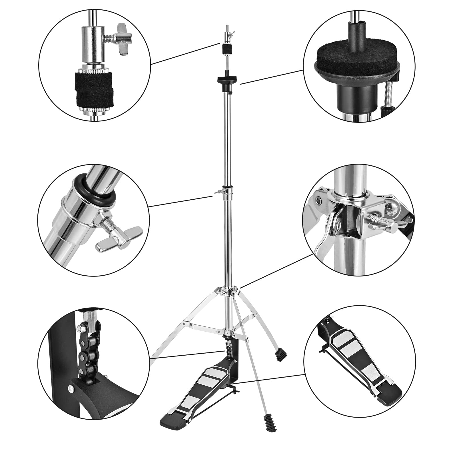 Hi-Hat-Ständer, doppelstrebig, 3-beinig, verstellbarer Hi-Hat-Beckenständer mit glattem Pedal, leicht (2 kg)