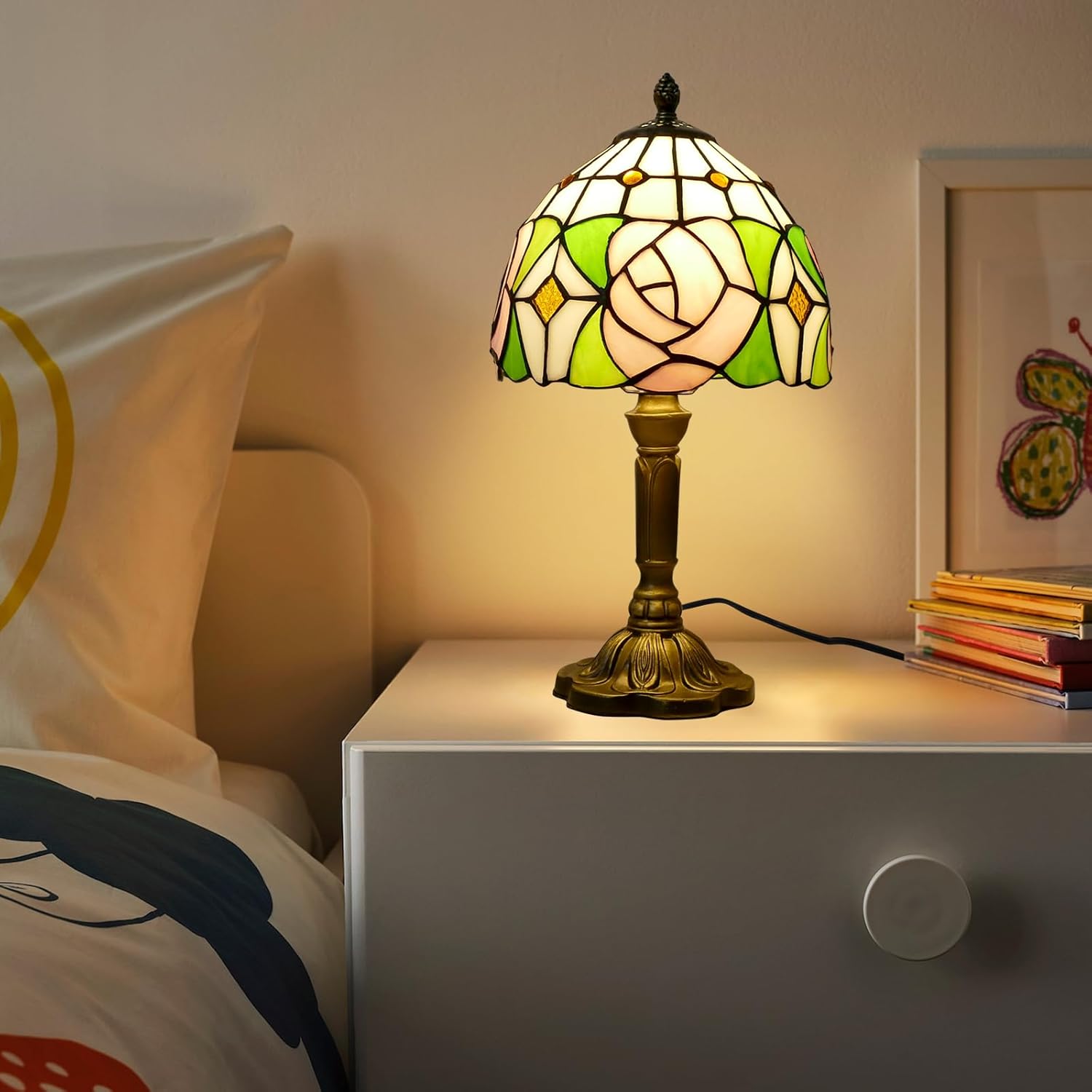 Pink Rose Style Tiffany Table Lamp Handmade Stained Glass Bedside Table Lamp Desk Reading Light 8" Wide 14" Tall for Small Space Bedroom Home Office with LED Bulb