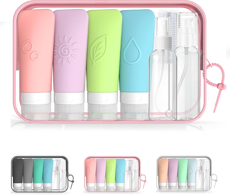 Conjunto de 16 Frascos de Silicone para Viagem KLKE com Frascos com Bomba e Spray, Bolsa Impermeável e Acessórios