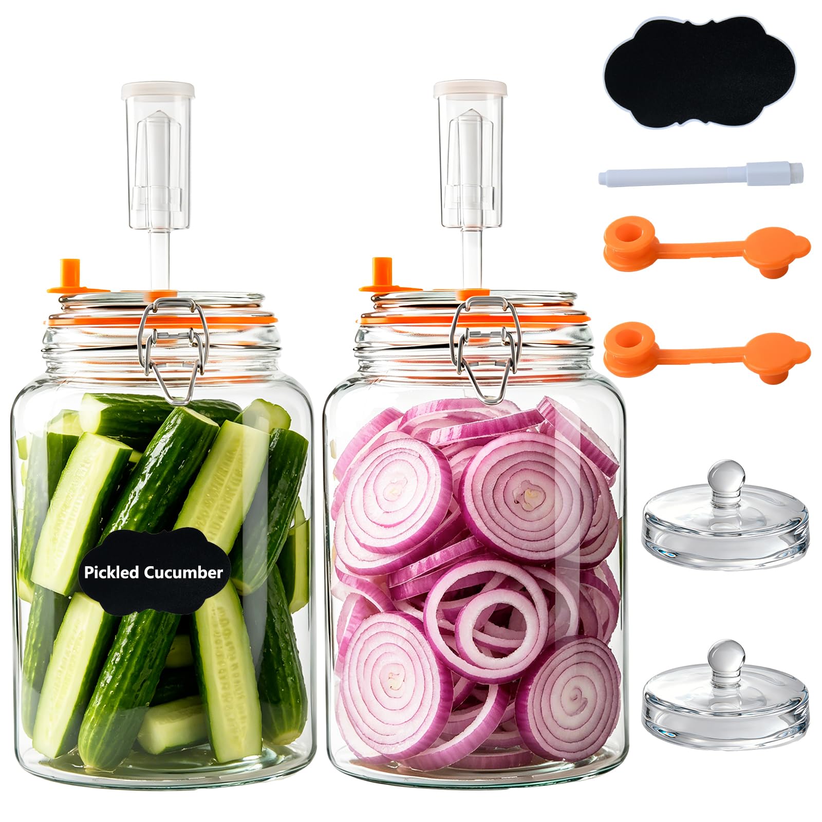 Paquete de 2 tarros de fermentación de vidrio de 4 litros, tarros de fermentación de boca ancha de 64 onzas con cerraduras de aire y pesos para kombucha, chucrut, kimchi, encurtidos, aguamiel