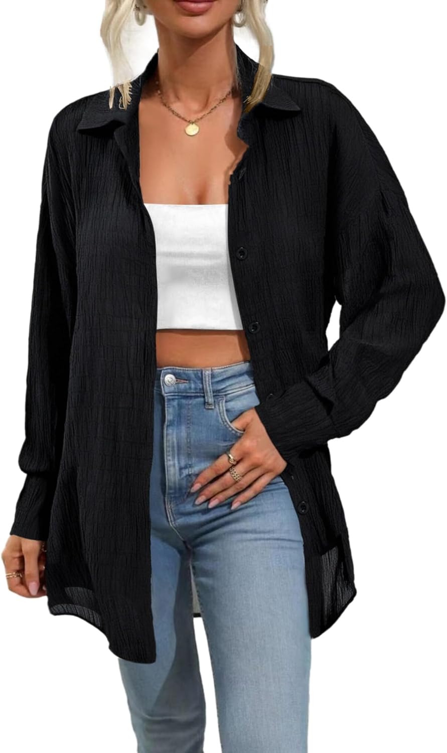 Women’s Button Down Shirt Long Sleeve Collared Blouse Loose Fit Casual Top for Fall Winter - Image 2