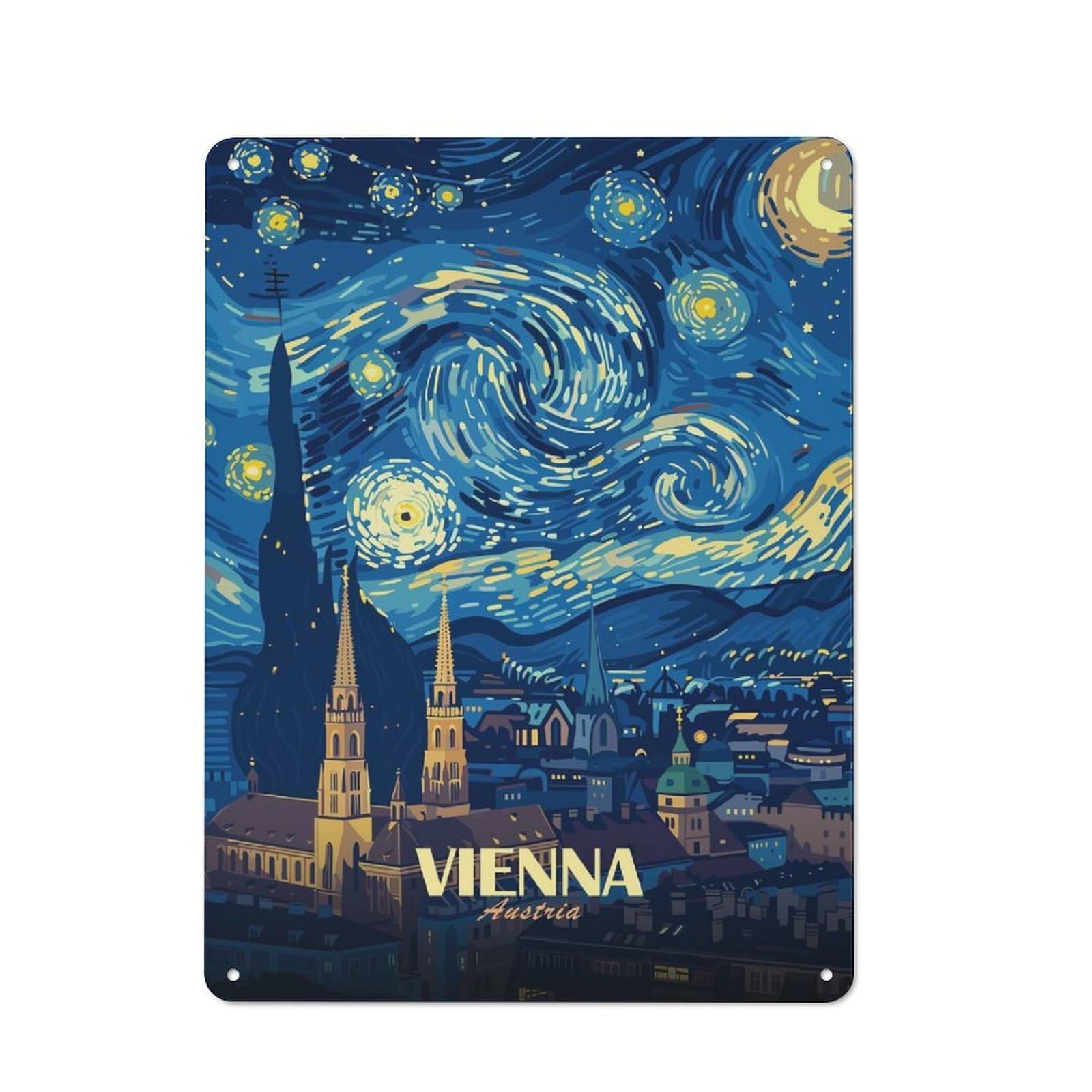 Junmoney Style-9 Retro Metal Wall Plaque 40X30cm Featuring Vienna Austria Starry Night Art, Room Wall Plaque For Hallway, Home Bar, Garage Or Study
