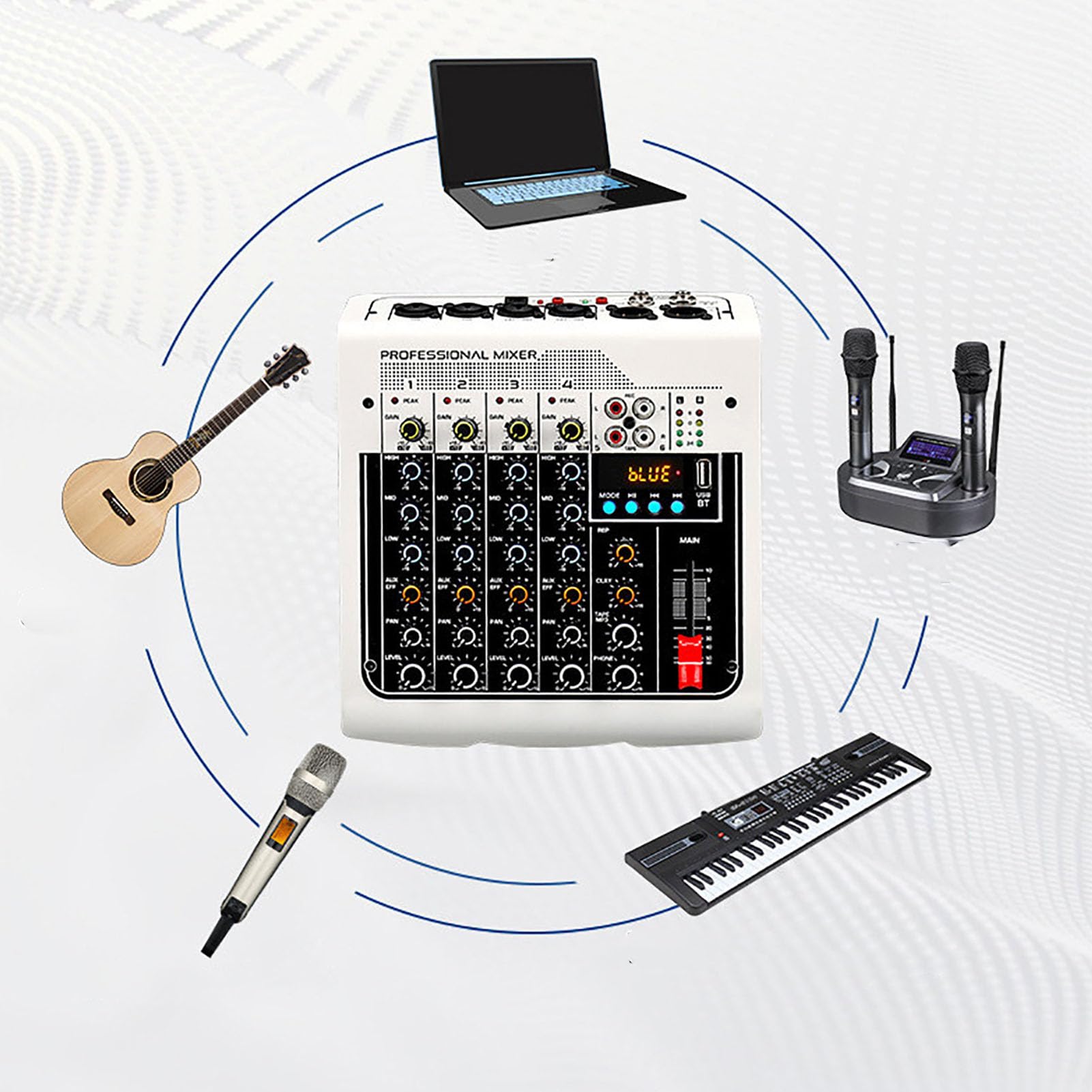 Generic Sound Mixer 4 Channel Mixer mit Integriertem DPS -Prozessor für Verbesserte Soundeffekte - Geeignet für Aufnahmestudios ABS, Eisen (EU -Stecker 100‑240V)