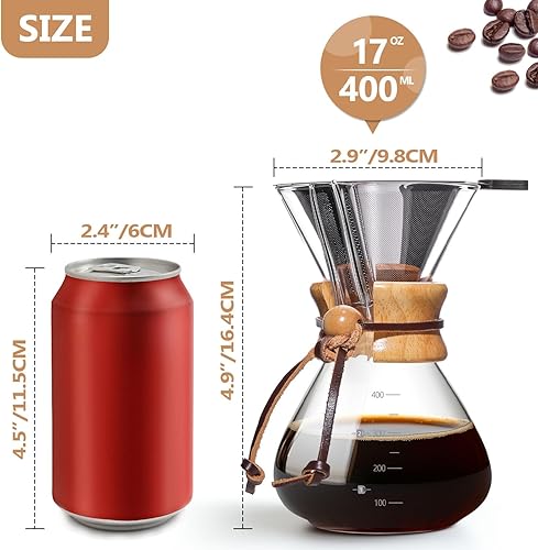 Miniatura 4 de Cafetera de 17 onzas, cafetera de goteo de vidrio borosilicato de 4 tazas con filtro de acero inoxidable reutilizable y agarre de corcho para café