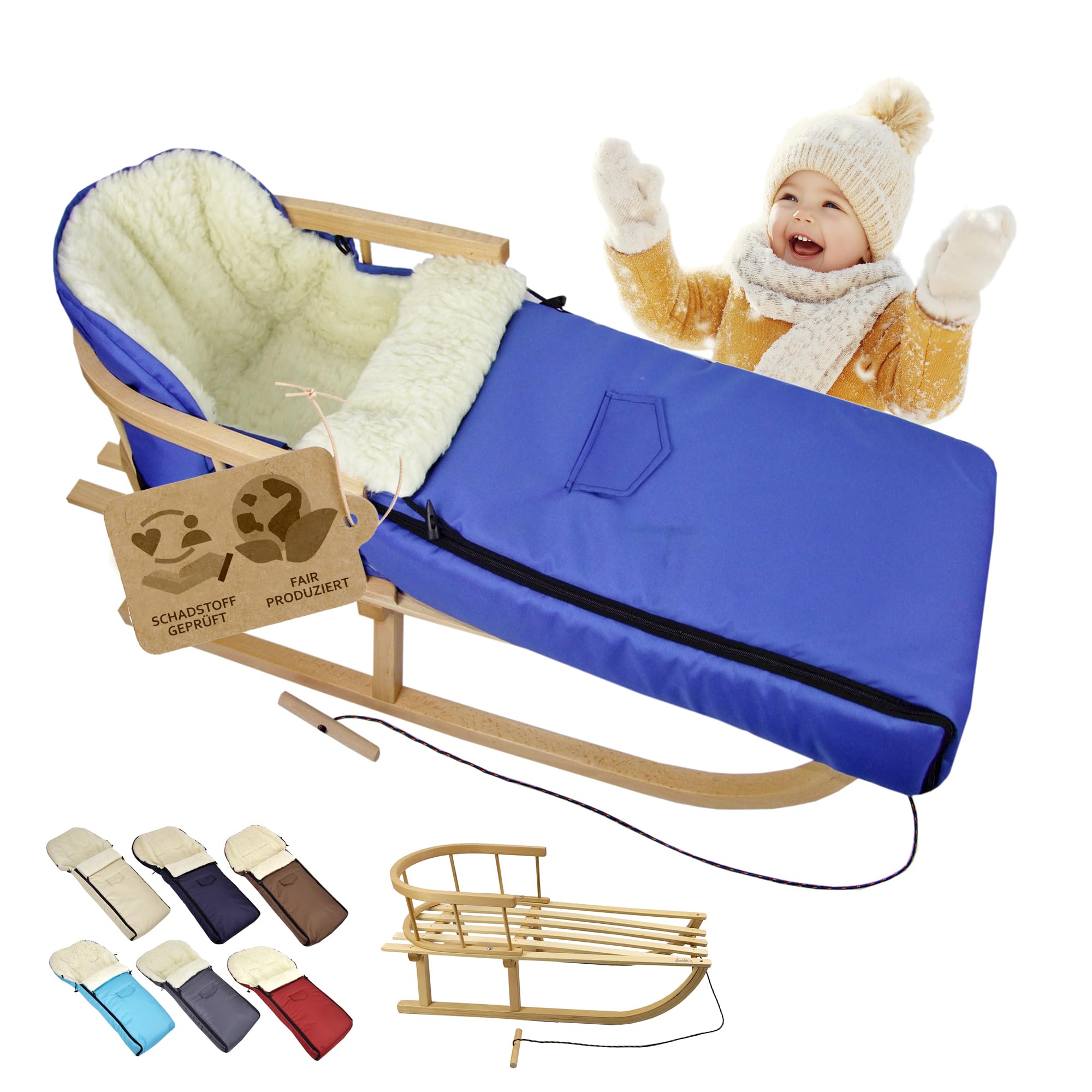 Offerta combinata, slitta in legno con schienale e corda di trazione + sacco nanna invernale universale (108 cm), adatta anche per ovetto, passeggino, passeggino, in lana tinta unita (blu)