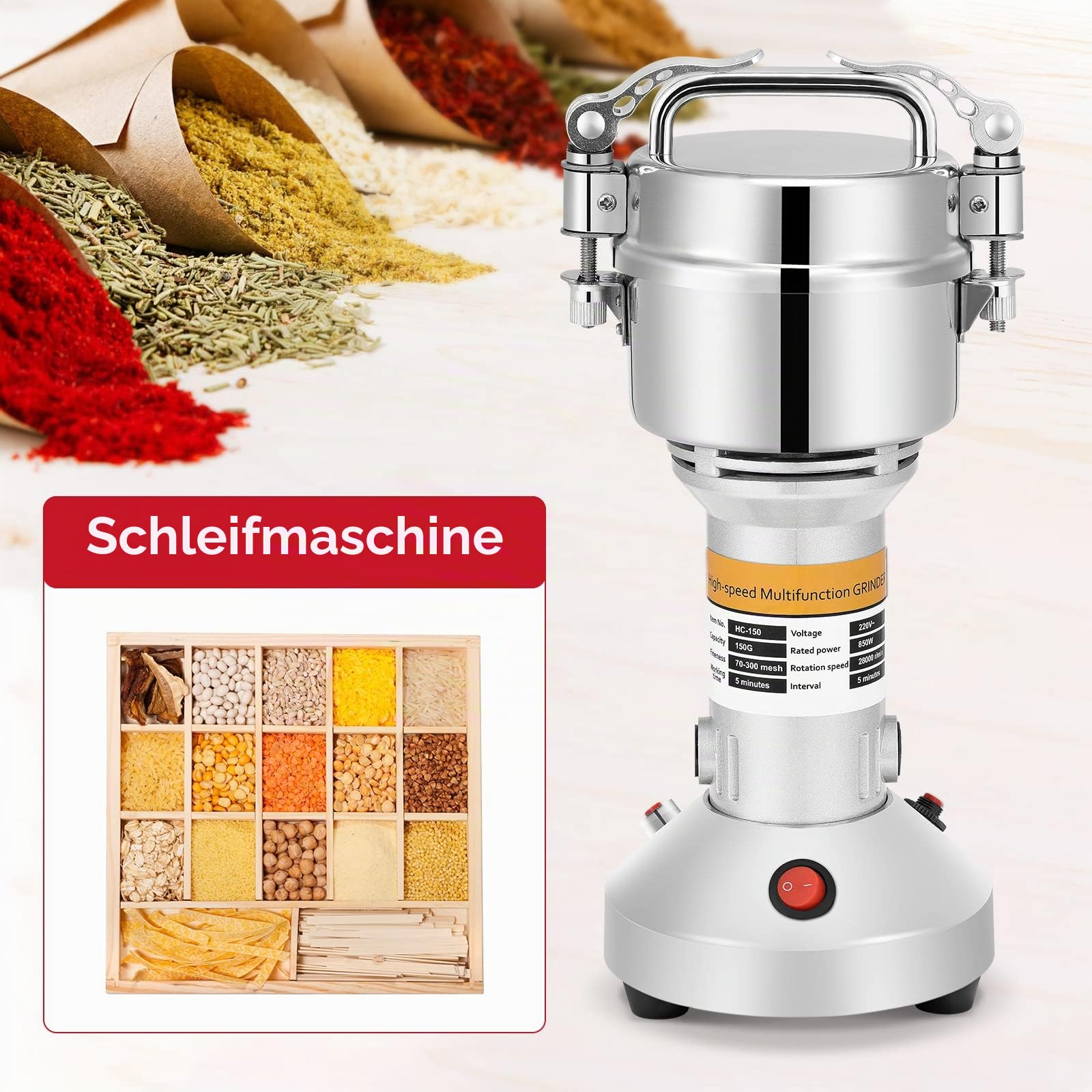 150g Tragbare Getreidemühle 220 V Hochgeschwindigkeits Schleifmaschine Mehl Pulver Maschine für Kräuter/Gewürze/Nüsse/Getreide mit Überlastschutz