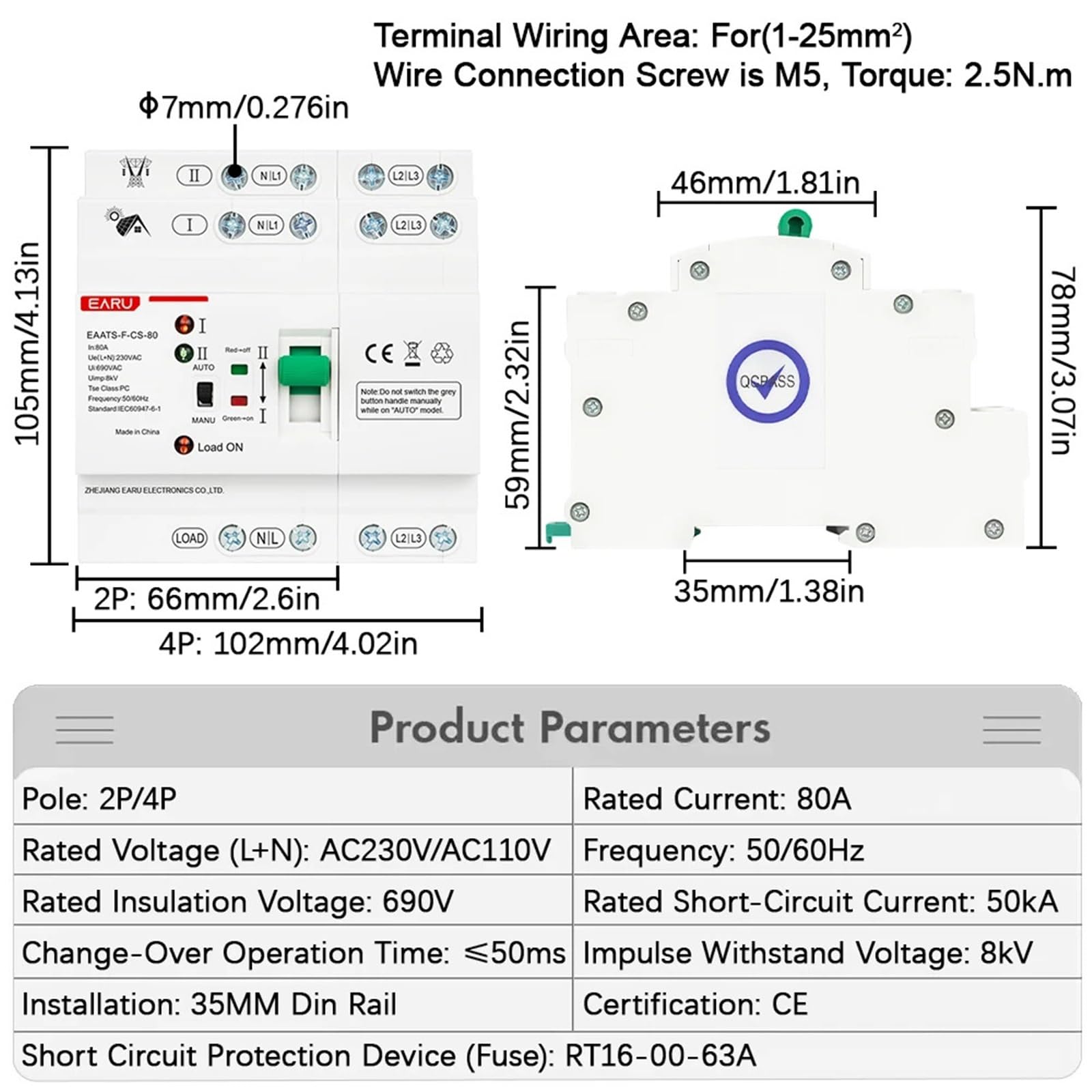 Interruttore di trasferimento automatico a doppia alimentazione 2P 4P 80A CA 230V 110V 50/60Hz ATS PV Interruttore selettore elettrico Alimentazione ininterrotta