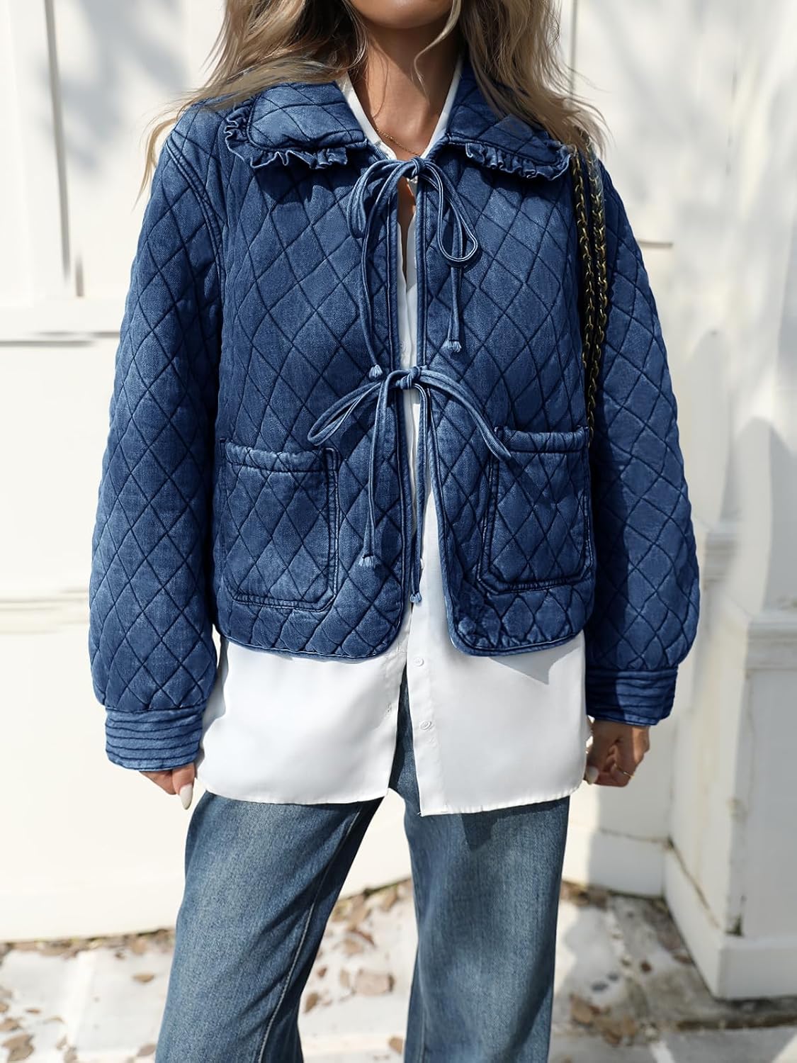 Tankaneo Womens Quilted Denim Puffer Jackets Tie Front Bow Cropped Puffy Jackets Fall Cute Short Jeans Coat - Image 4