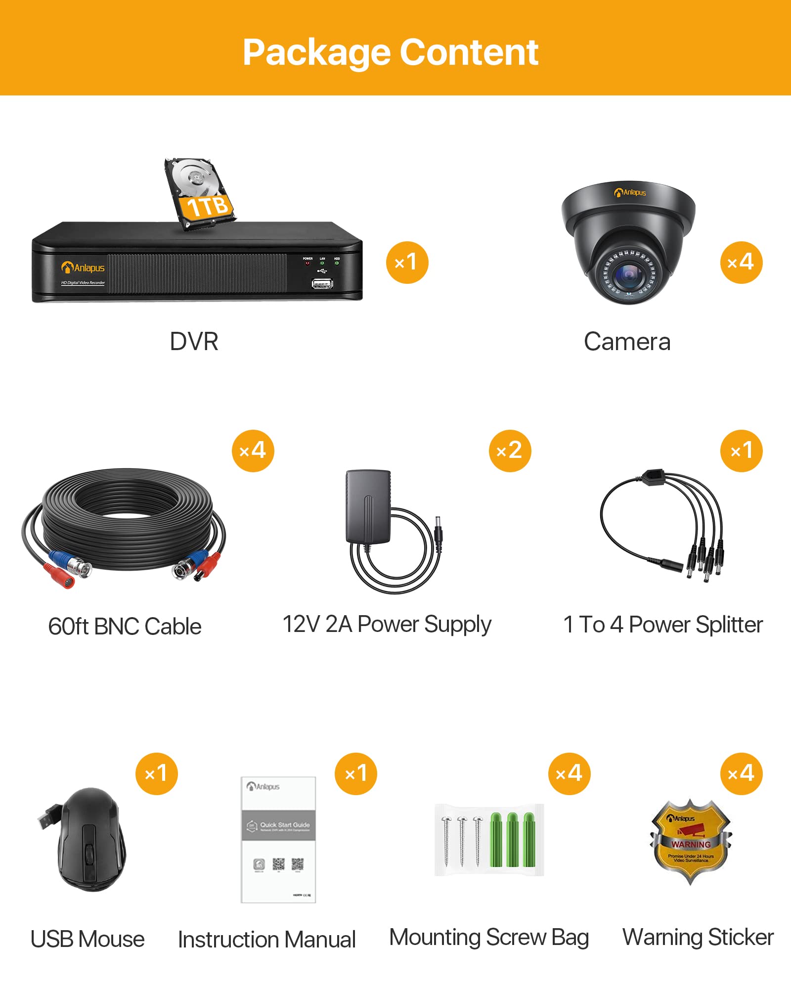 Anlapus 5MP Lite 8CH 1080P Kit de Cámara de Seguridad Exterior H.265+ Sistema de Vigilancia DVR con 4 Cámara Vigilancia 20M Visión Nocturna Detección de Movimiento Monitoreo Remoto 1TB HDD