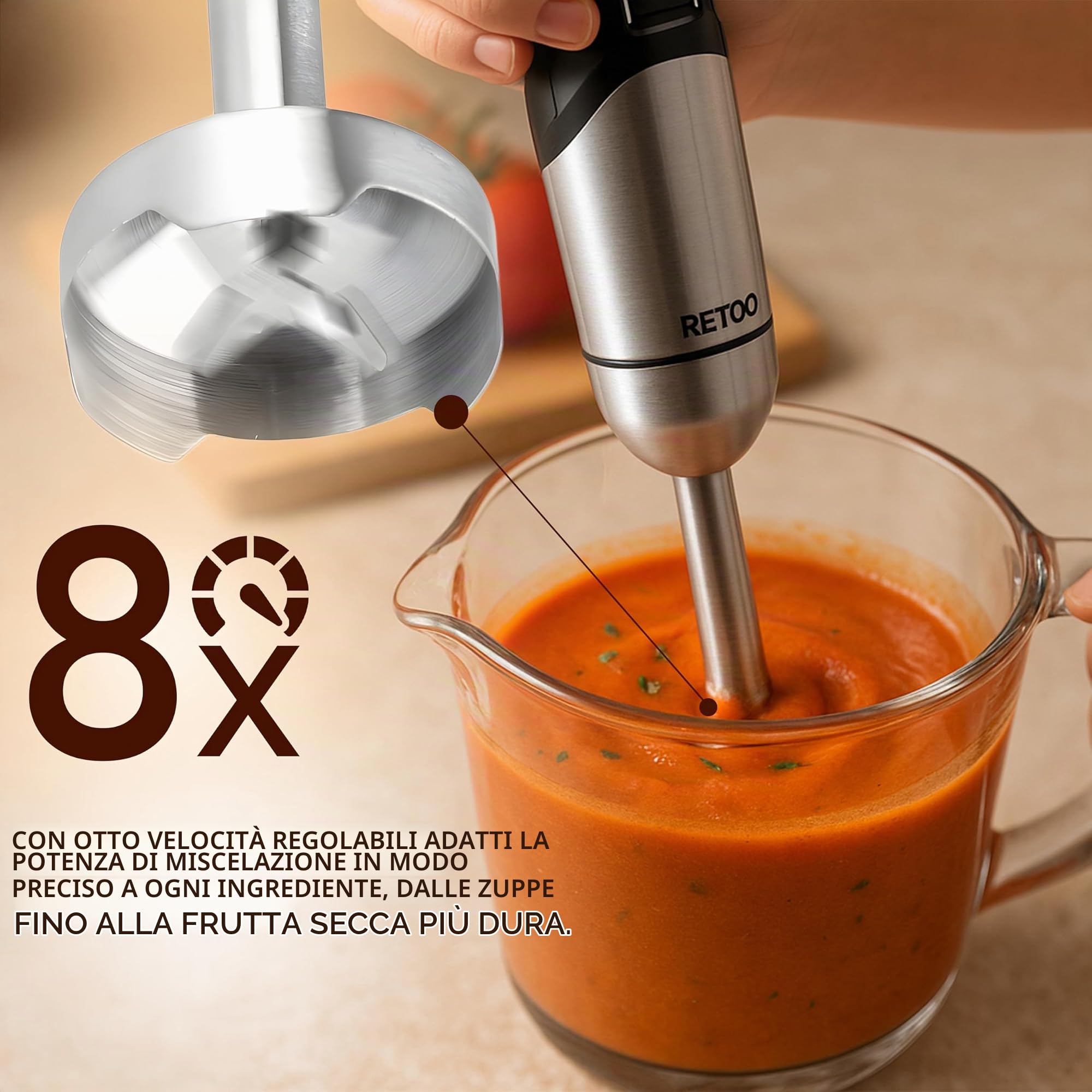 Retoo Set di frullatori a mano multifunzione, 1200 W, 15000 giri/min, turbo e 8 livelli di velocità, collo anti-spruzzi