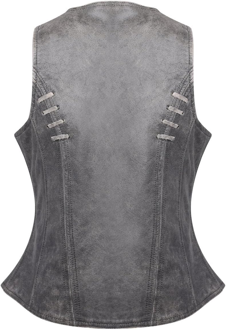 Women's Black Premium Cowhide Biker Motorcycle Leather Vest with Cowgirl Western Leather Outwear, Adjustable Side Buckles