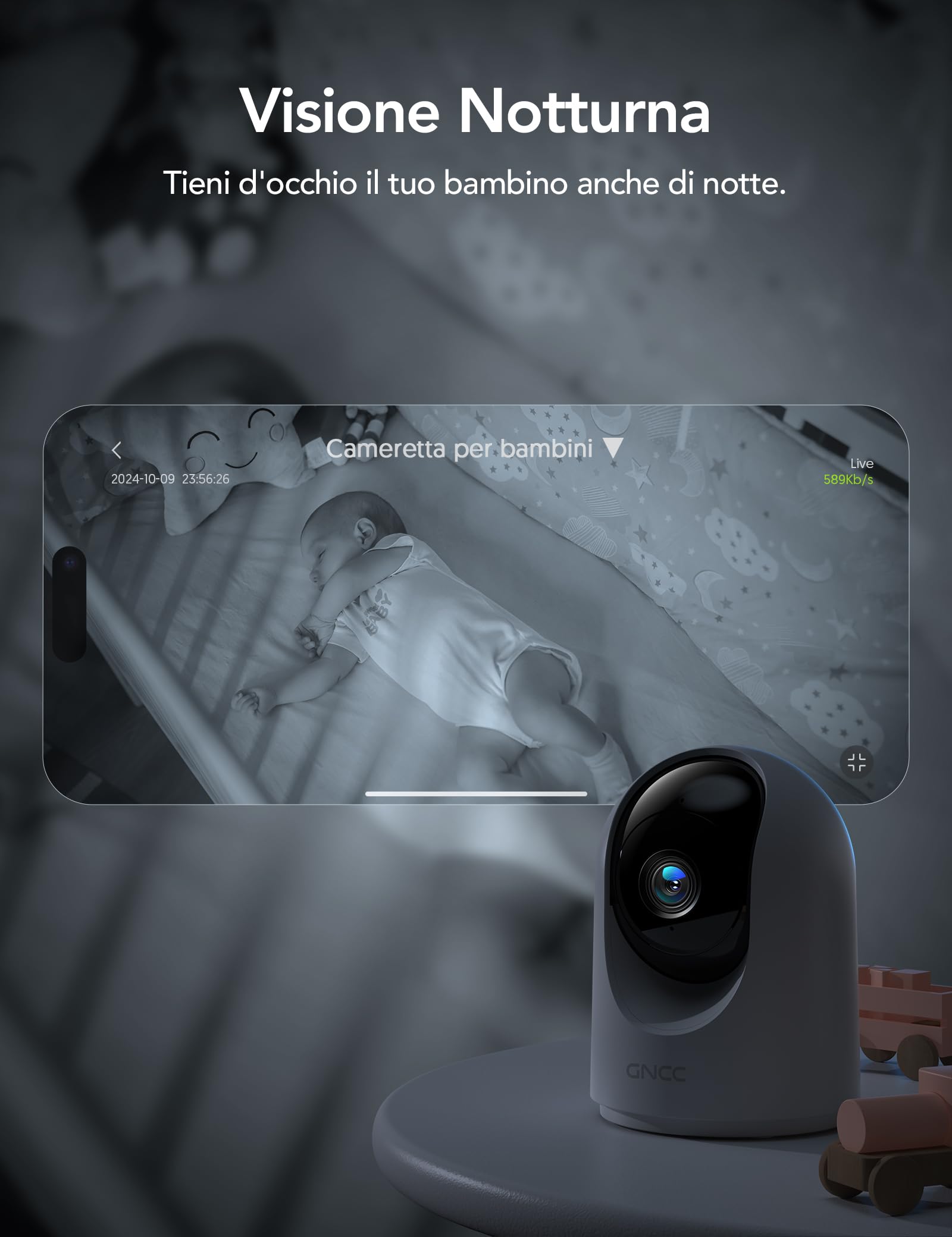 GNCC Telecamera WiFi Interno 2K Sorveglianza con Rilevamento Movimento Audio Bidirezionale Rotazione 360° Compatibile Alexa 2,4GHz